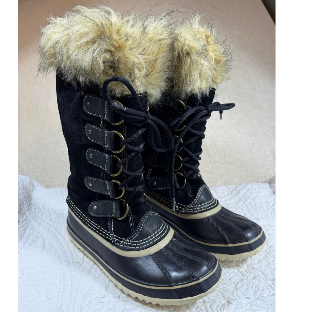 Sorel Women Black 8 Joan of Arctic Waterproof Suede Leather Winter Boots Lace Up